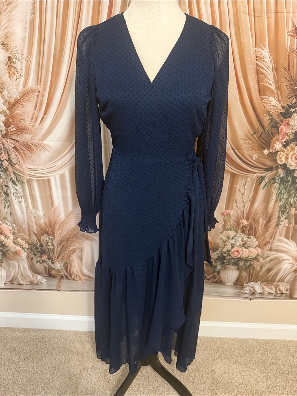 LC Lauren Conrad Navy Sheer-Sleeve Wrap Midi Dress